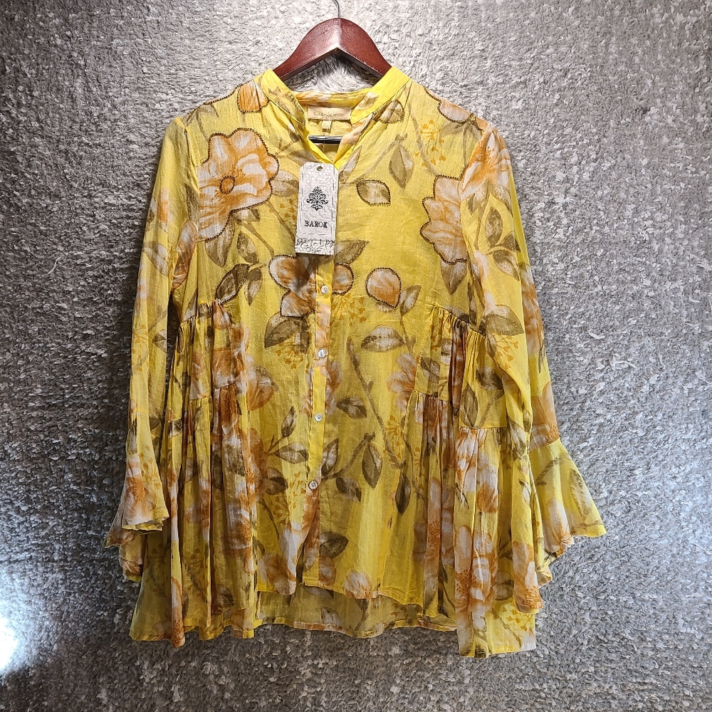 Chloe Laetitia‎ Women Yellow Button Up Long Bell Sleeve Cotton Peasant M, L NWT